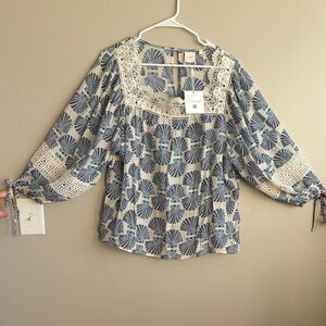 Zac & Rachel Blue and Cream Blouse with Lace Accents